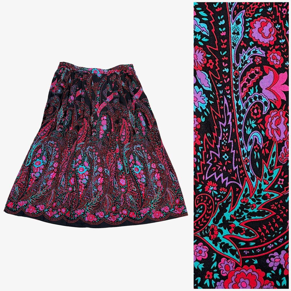 VTG Paisley A-Line Midi Skirt Womens 12 Black Pink Teal Rayon Boho Festival 90s